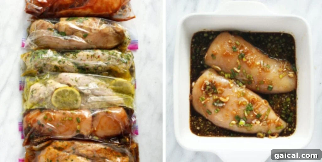 Six different chicken marinades in freezer bags, ready for cooking.