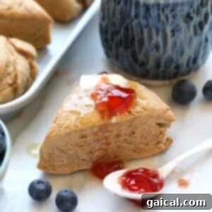 Honey whole wheat scones with blueberries and jam on a tray.