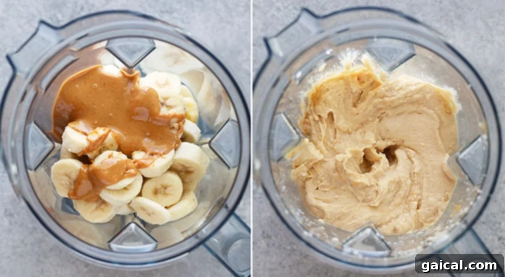 Nutty Chocolate Banana Dream Freeze 4 Ingredients for Peanut Butter Banana Nice Cream placed inside a high-speed blender