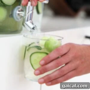 Cool Cucumber Vodka Party Punch 3 A close-up shot of a hand pouring a clear, refreshing cucumber-infused beverage into a glass, illustrating the final step of preparing the drink. The glass is ready for serving, highlighting the crispness of the infusion.