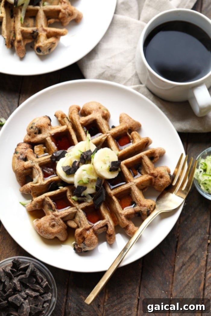 Perfectly golden zucchini waffles, elegantly drizzled with maple syrup and adorned with fresh banana slices, ready for a delightful breakfast. A close-up of a stack of golden zucchini waffles, drizzled with maple syrup and garnished with fresh banana slices on a white plate.