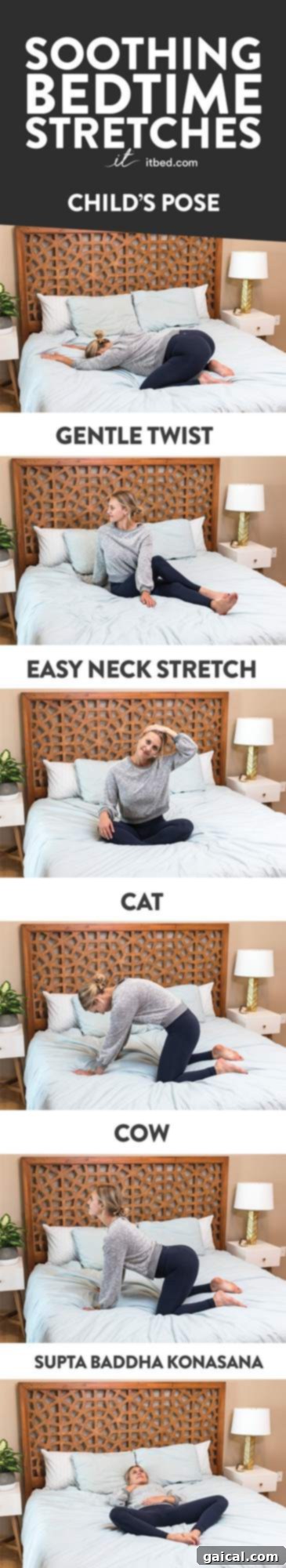 Bedtime Zen Soothing Stretches on My itbed 5 A selection of gentle bedtime stretches including Child's Pose, Cat-Cow flow, and Reclined Bound Angle Pose, perfect for unwinding before sleep.
