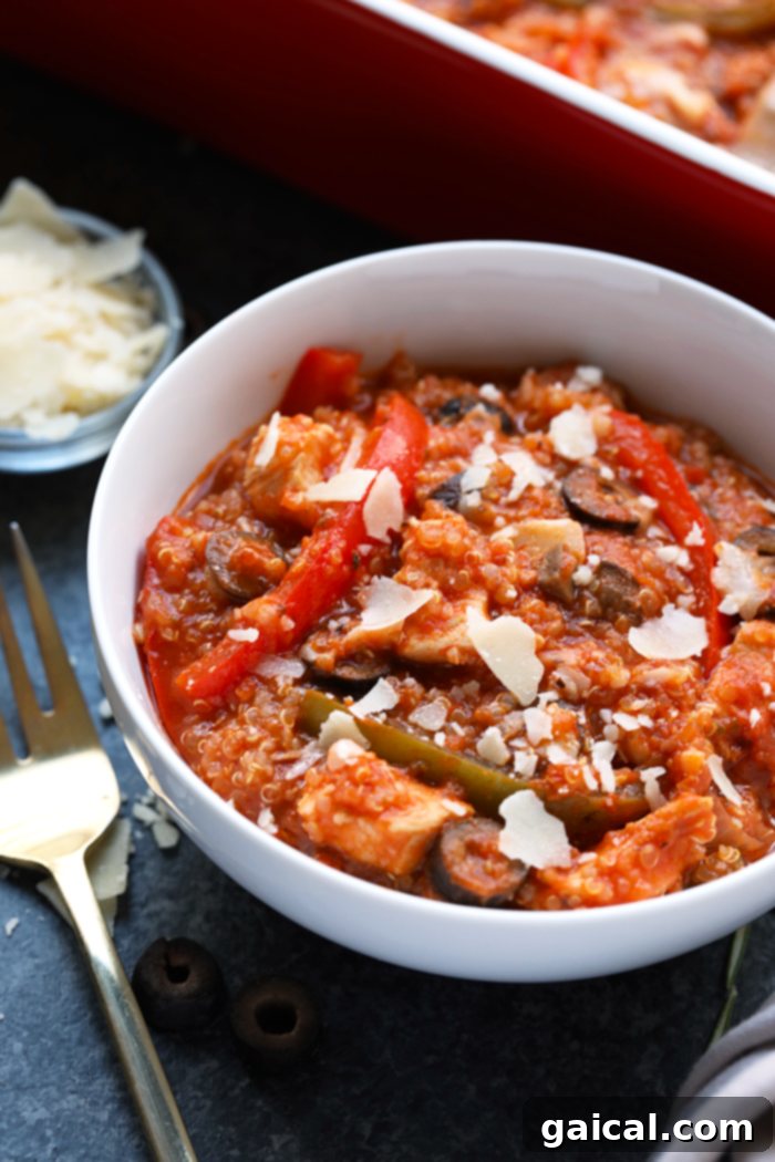 Cacciatore Chicken Quinoa Bake 2 A delicious and healthy Meal-Prep Chicken Cacciatore Quinoa Bake, showcasing vibrant vegetables and tender chicken in a rich sauce, perfect for dinner this week with its healthy and quick twist.