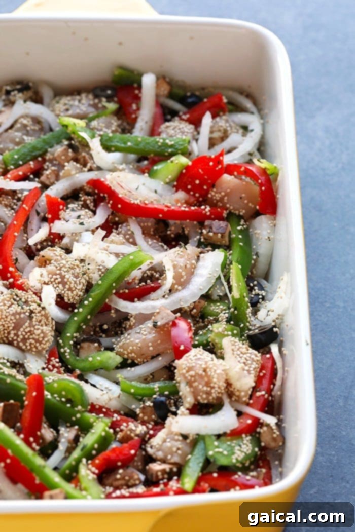 Cacciatore Chicken Quinoa Bake 3 Prepare this wholesome Meal-Prep Chicken Cacciatore Quinoa Bake for a fantastic dinner this week! It offers all the rich flavors of traditional chicken cacciatore, enhanced with a healthy and quick twist of quinoa!