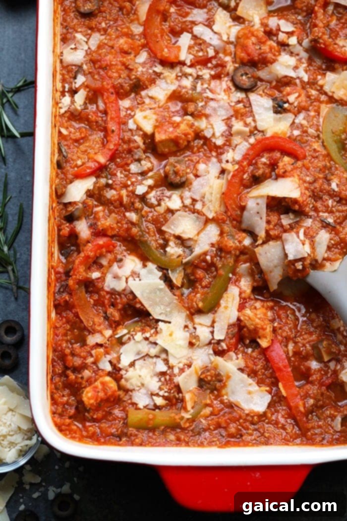 Cacciatore Chicken Quinoa Bake 4 Enjoy this wholesome and flavorful Meal-Prep Chicken Cacciatore Quinoa Bake, a perfect dinner solution combining traditional Italian taste with a nutritious quinoa base.