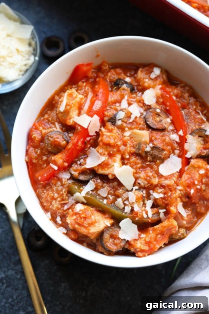 Cacciatore Chicken Quinoa Bake 5 Indulge in this amazing Meal-Prep Chicken Cacciatore Quinoa Bake for dinner this week! It perfectly combines the beloved flavors of traditional chicken cacciatore with a nutritious and speedy quinoa addition!