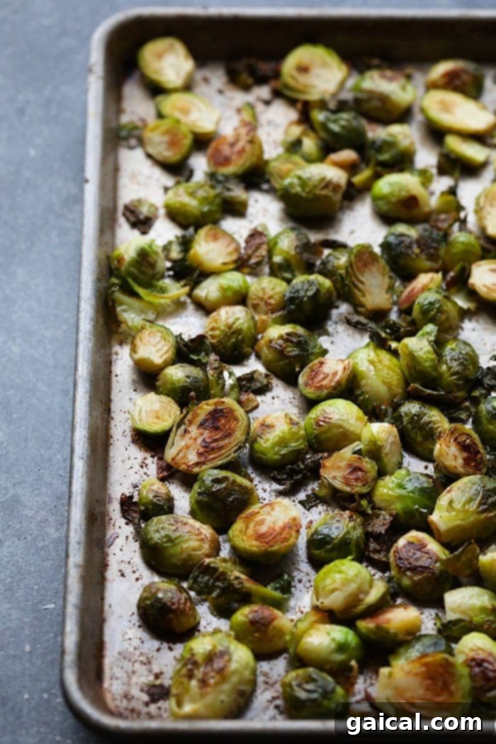 These roasted Brussel sprouts with parmesan are a great side dish staple for any time of year! All you need are 6 ingredients in order to make these crunchy, cheesy bites of heaven. A sheet pan full of perfectly roasted Brussels sprouts, golden and slightly charred.