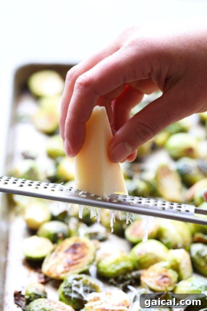 These roasted Brussel sprouts with parmesan are a great side dish staple for any time of year! All you need are 6 ingredients in order to make these crunchy, cheesy bites of heaven. A hand grating fresh Parmesan cheese directly onto hot roasted Brussels sprouts.