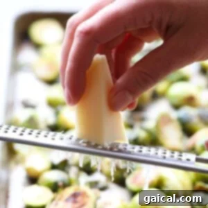 a person grating parmesan on roasted brussel sprouts.