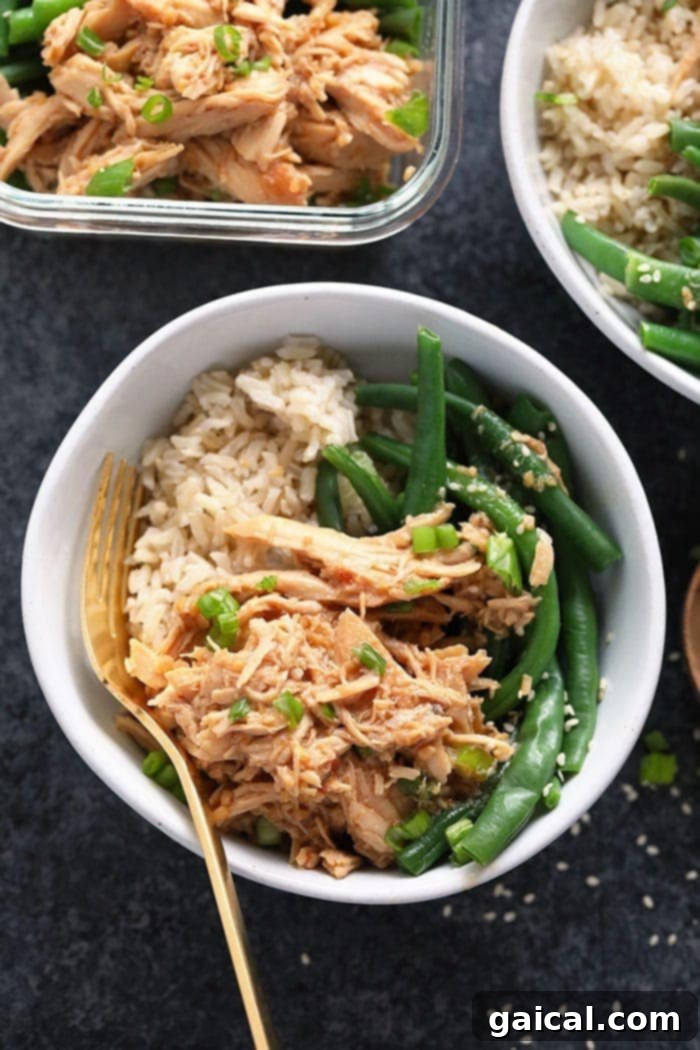 50 Wholesome Slow Cooker Meals 3 Delicious honey garlic chicken served in a bowl with rice and green onions, showcasing a healthy and easy crockpot dinner.