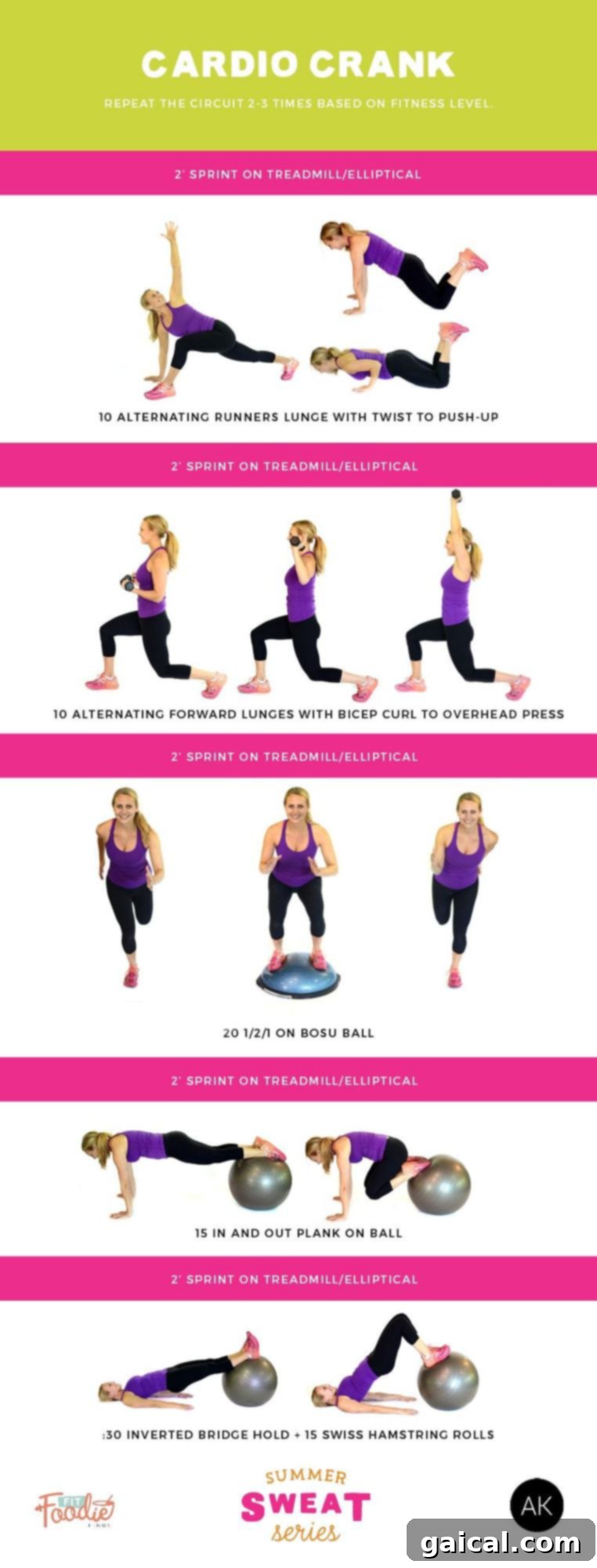 Woman powering through a Cardio Crank workout, featuring sprint intervals and full-body strength exercises.