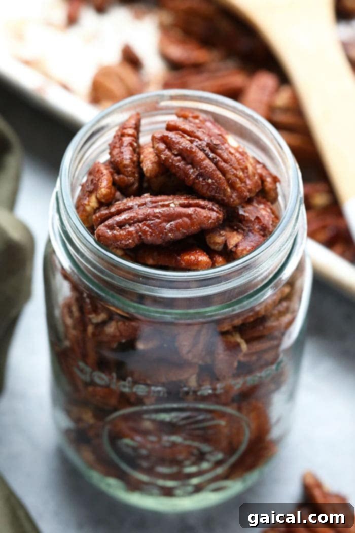 Roasted pecans in a jar.