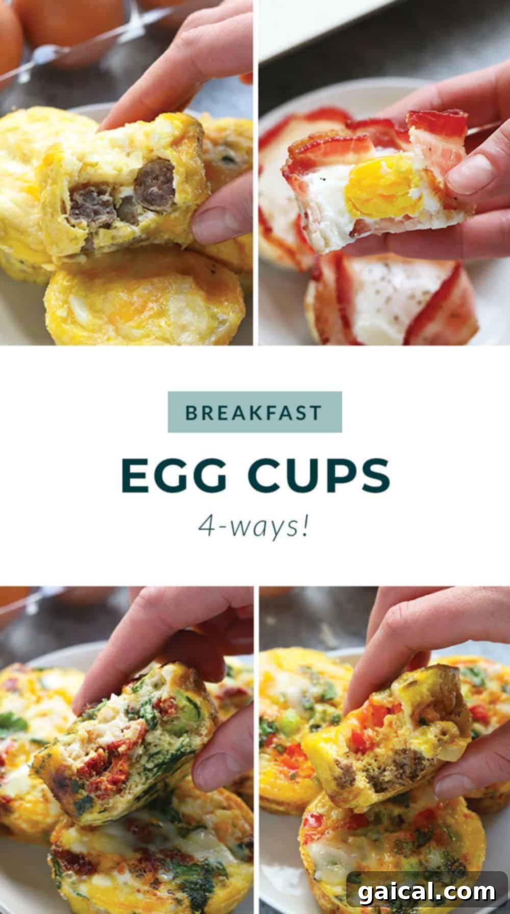 hands holding 4 different breakfast egg cups with various fillings, highlighting their versatility and appeal for meal prep.