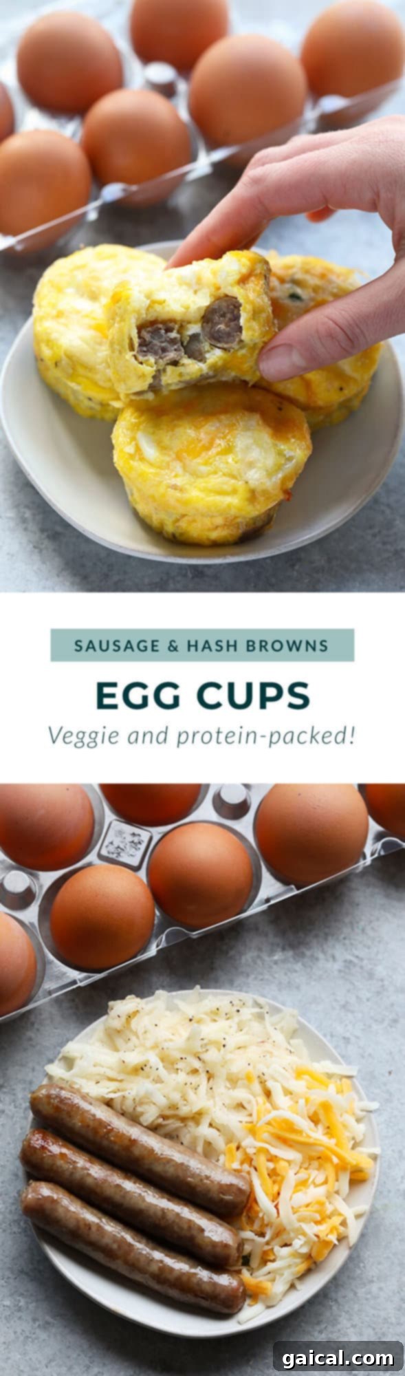A hand holding a single All American Hashbrown Egg Cup on a plate, showing its golden-brown hash brown base.