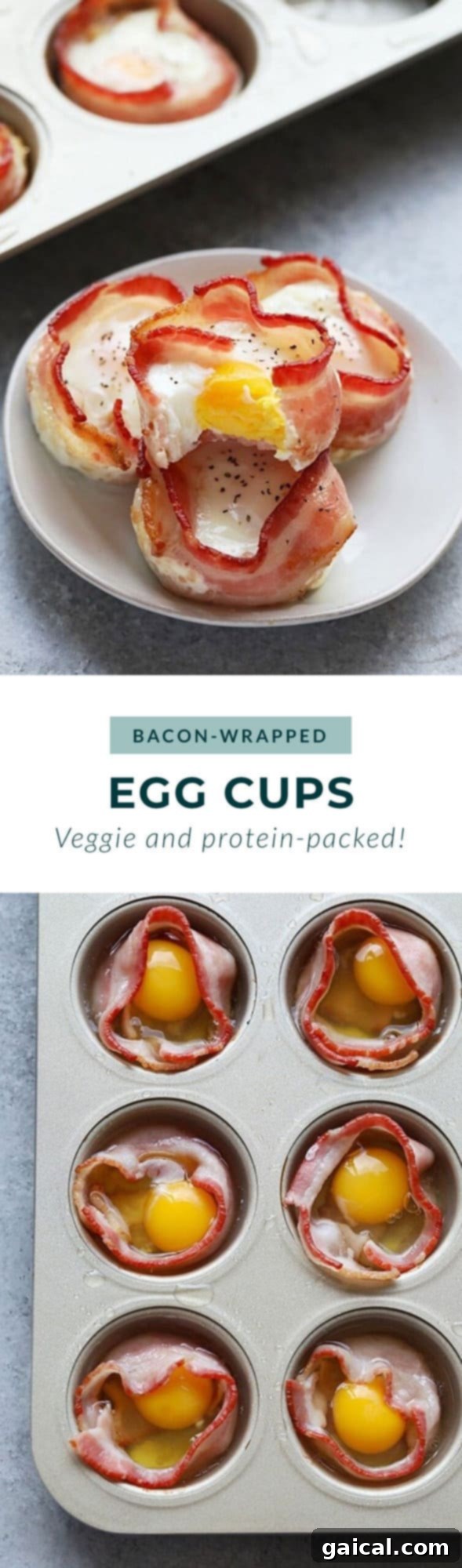 Close-up of crispy bacon-wrapped egg cups arranged on a plate.