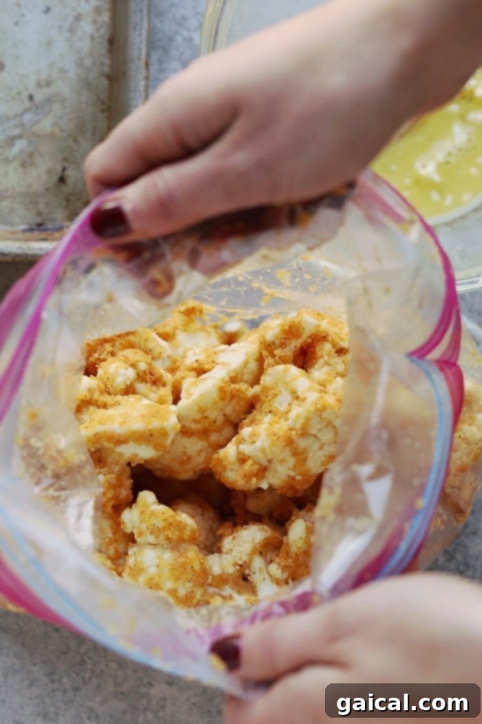 Crispy Buffalo Cauliflower Bites 4 Cauliflower florets in a plastic bag with almond meal coating