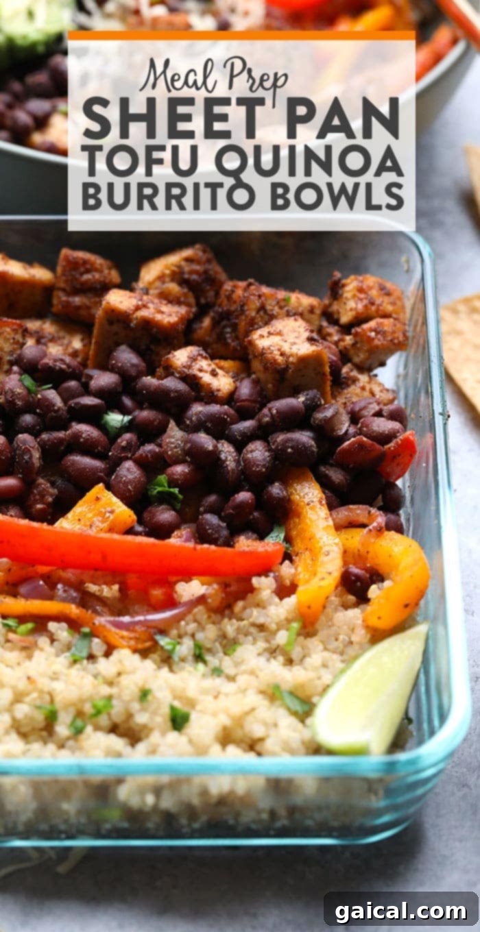 Sheet Pan Tofu Quinoa Fiesta Bowls 2 Throw all of your ingredients for this Meal Prep Sheet Pan Tofu Quinoa Burrito Bowls on a baking sheet and you've got a delicious, vegetarian meal ready for the entire week!