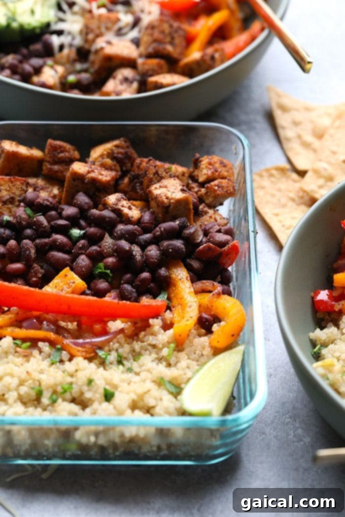Sheet Pan Tofu Quinoa Fiesta Bowls 3 Throw all of your ingredients for this Meal Prep Sheet Pan Tofu Quinoa Burrito Bowls on a baking sheet and you've got a delicious, vegetarian meal ready for the entire week!