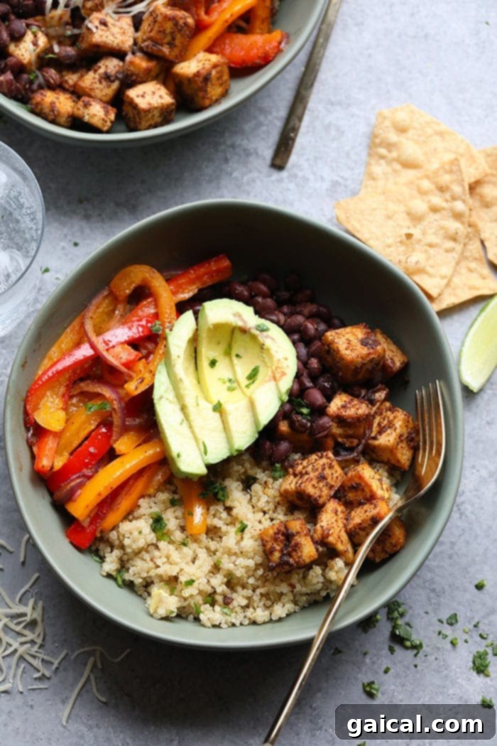 Sheet Pan Tofu Quinoa Fiesta Bowls 5 Throw all of your ingredients for this Meal Prep Sheet Pan Tofu Quinoa Burrito Bowls on a baking sheet and you've got a delicious, vegetarian meal ready for the entire week!
