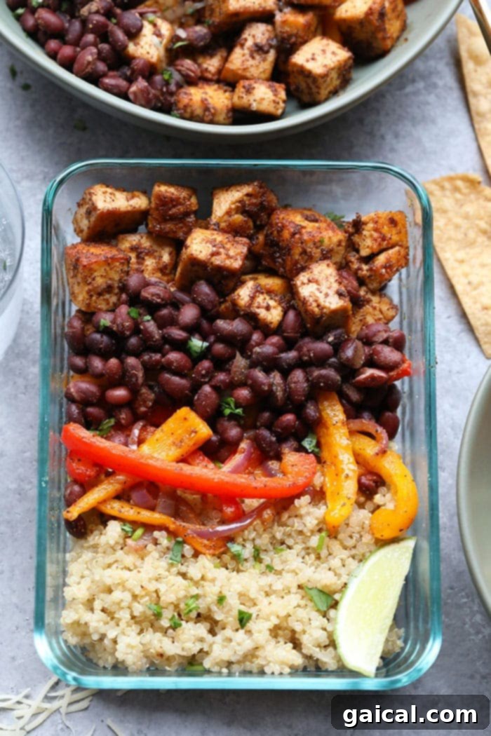 Sheet Pan Tofu Quinoa Fiesta Bowls 6 Throw all of your ingredients for this Meal Prep Sheet Pan Tofu Quinoa Burrito Bowls on a baking sheet and you've got a delicious, vegetarian meal ready for the entire week!
