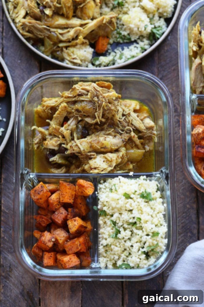 Moroccan chicken in meal prep containers with sweet potatoes and couscous