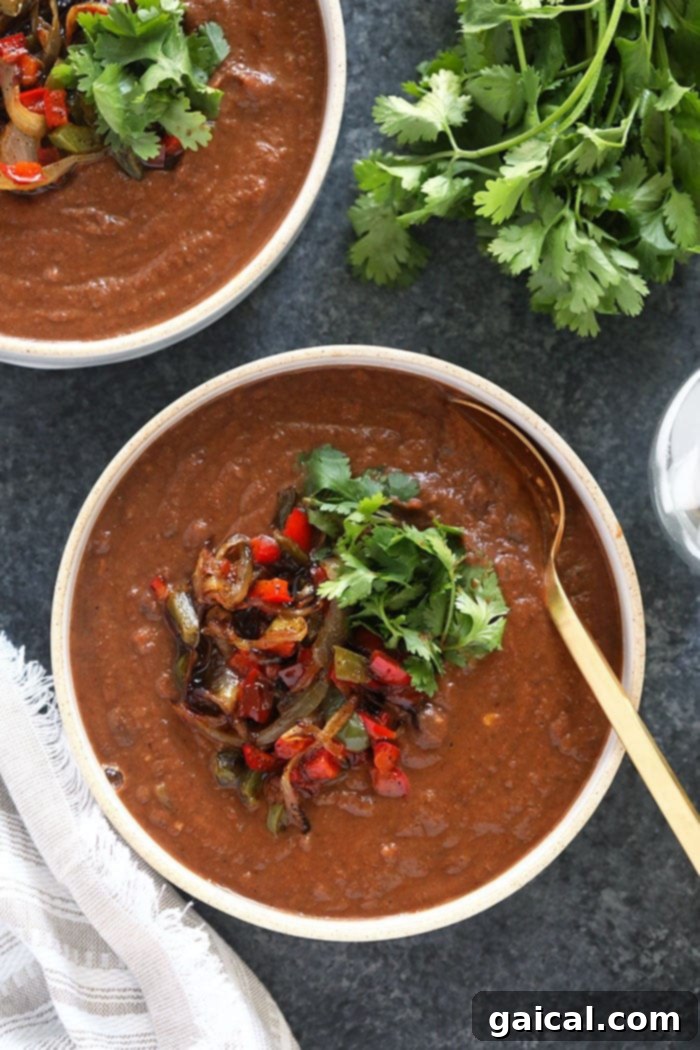 Easy Crock Pot Black Bean Soup Delicious crock pot black bean soup served in a rustic bowl with fresh cilantro garnish and a side of tortilla chips.