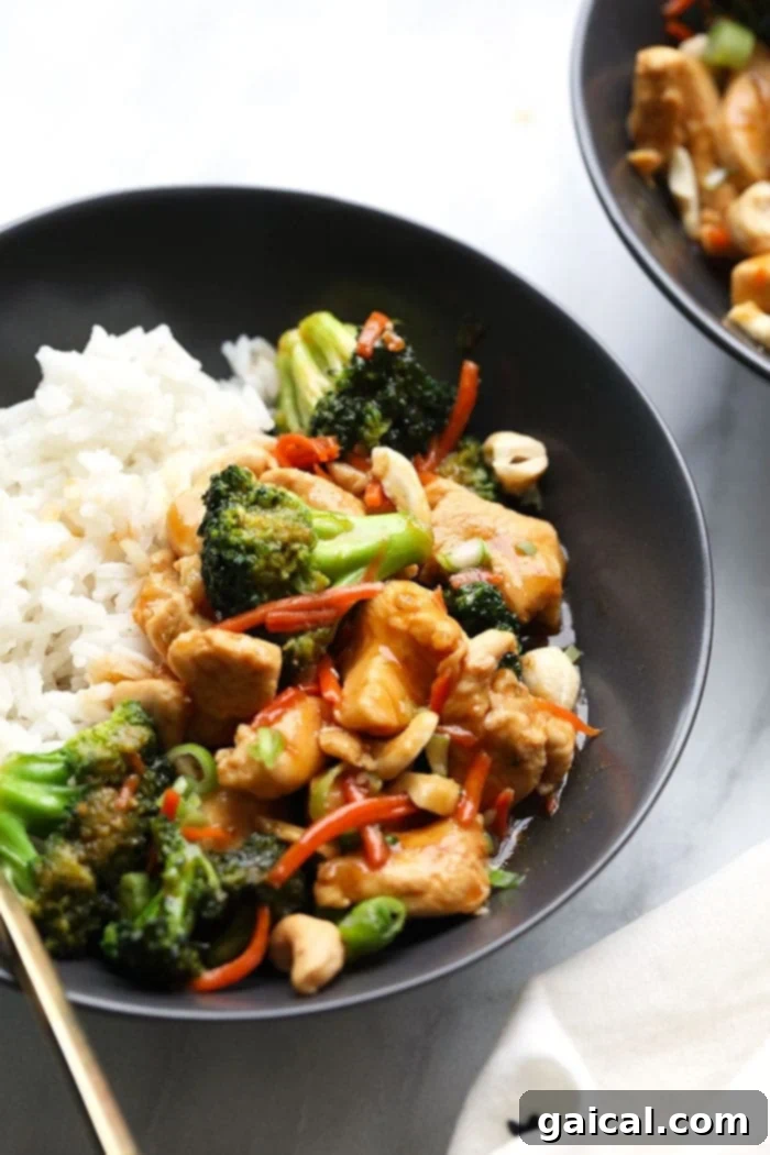 Quick and Easy Chicken Stir Fry 6 A close-up of a serving of homemade chicken stir fry in a bowl, showcasing the tender chicken, crisp vegetables, and rich sauce.