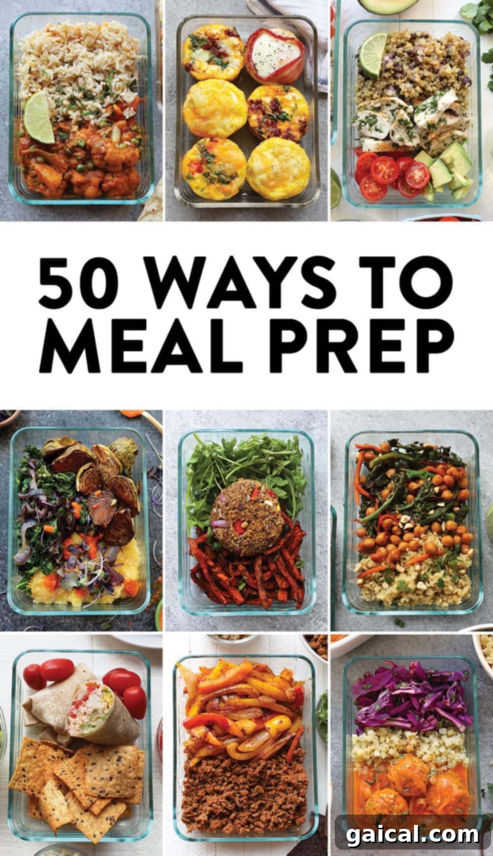 Fifty Essential Meal Prep Recipes 2 A vibrant collection of healthy meal prep dishes, including salads, bowls, and savory mains, showcasing Fit Foodie Finds' best recipes for efficient and delicious eating.