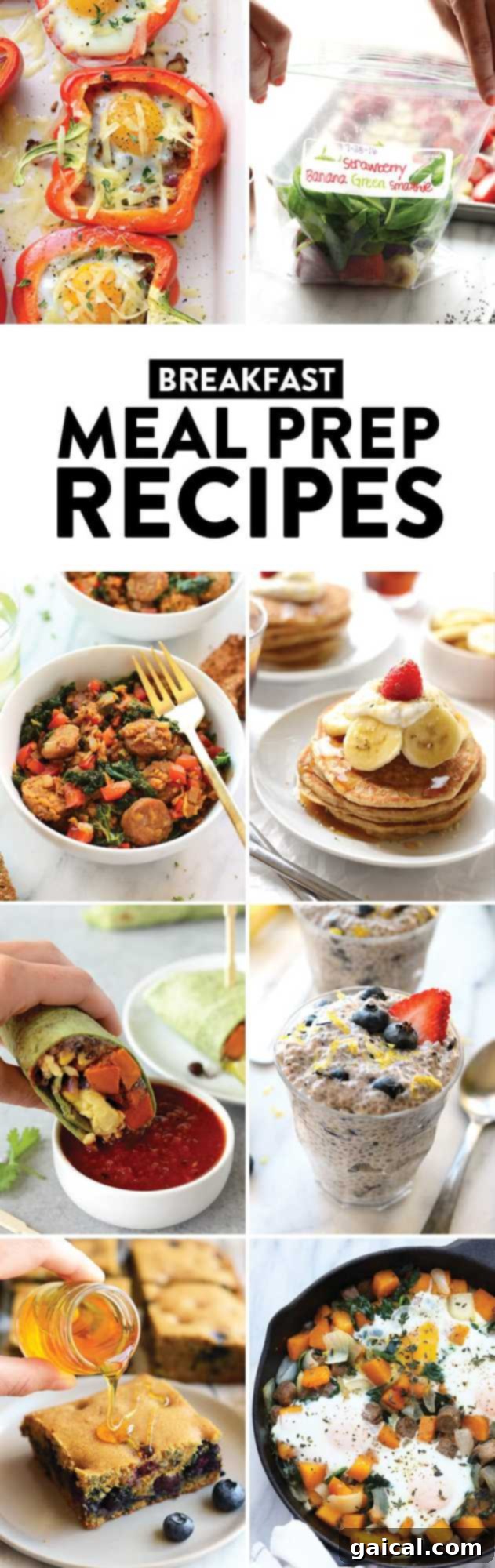 Fifty Essential Meal Prep Recipes 5 A delicious spread of healthy meal-prepped breakfast items including stuffed peppers, smoothies, and oatmeal cups, ready to fuel your morning.