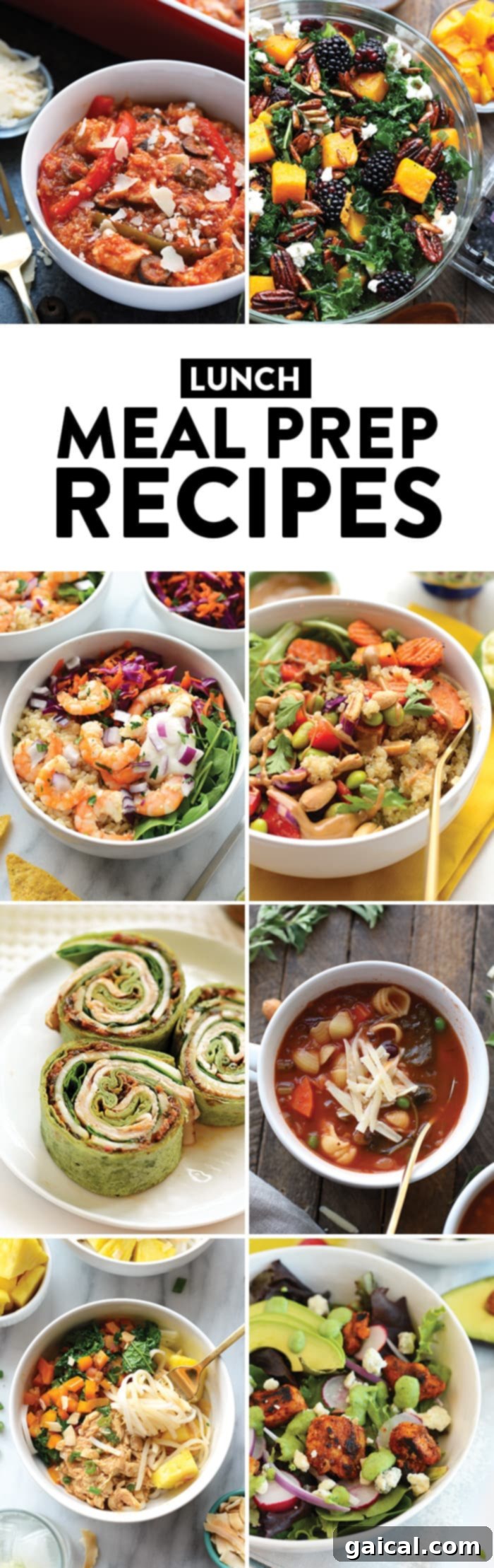 Fifty Essential Meal Prep Recipes 6 A colorful arrangement of healthy meal-prepped lunches, including chicken bowls, salads, and soups, perfect for a nutritious midday meal.
