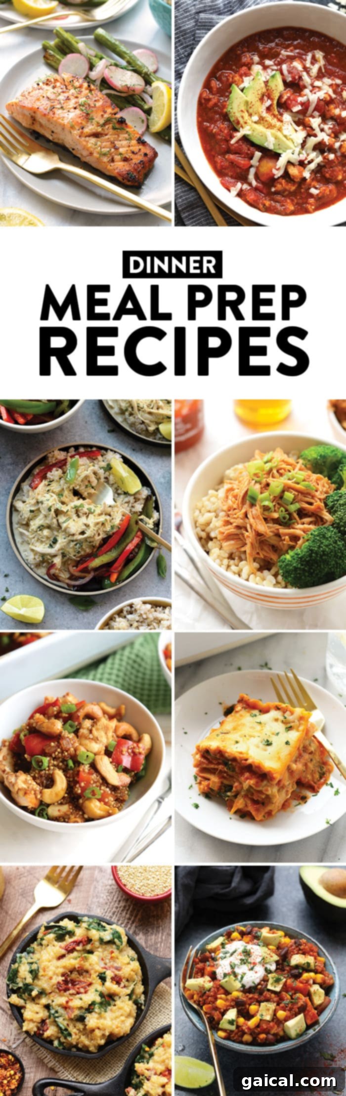 Fifty Essential Meal Prep Recipes 7 A tempting collection of healthy meal-prepped dinner options, including salmon, chili, and pasta dishes, perfect for quick and nutritious evening meals.