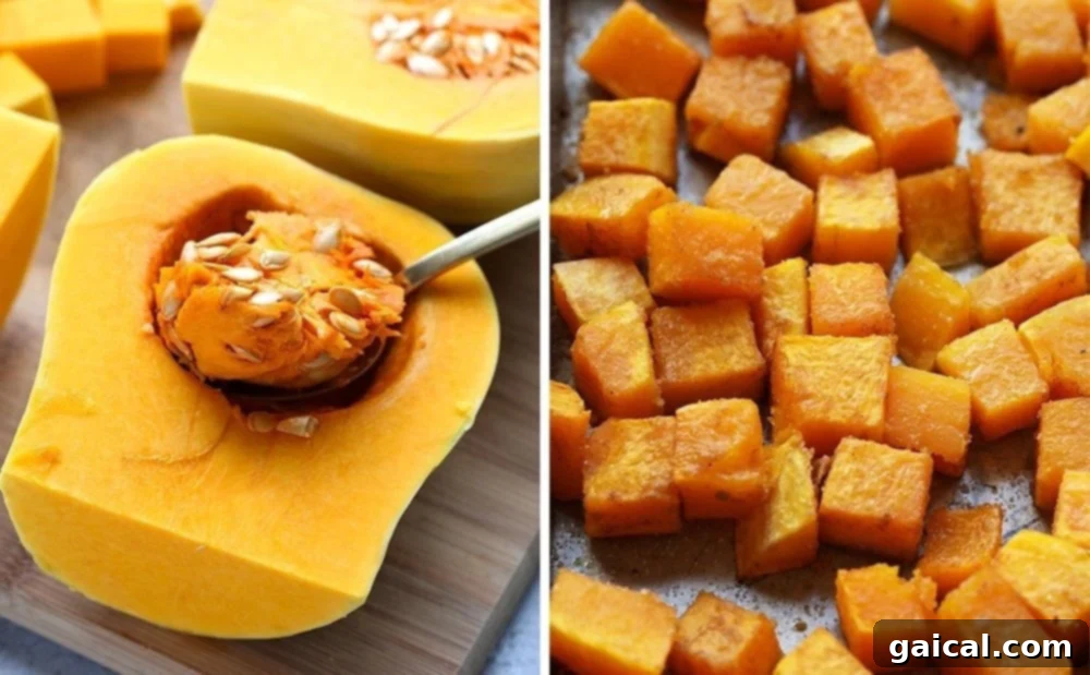 Close-up of freshly roasted butternut squash cubes, seasoned and golden brown