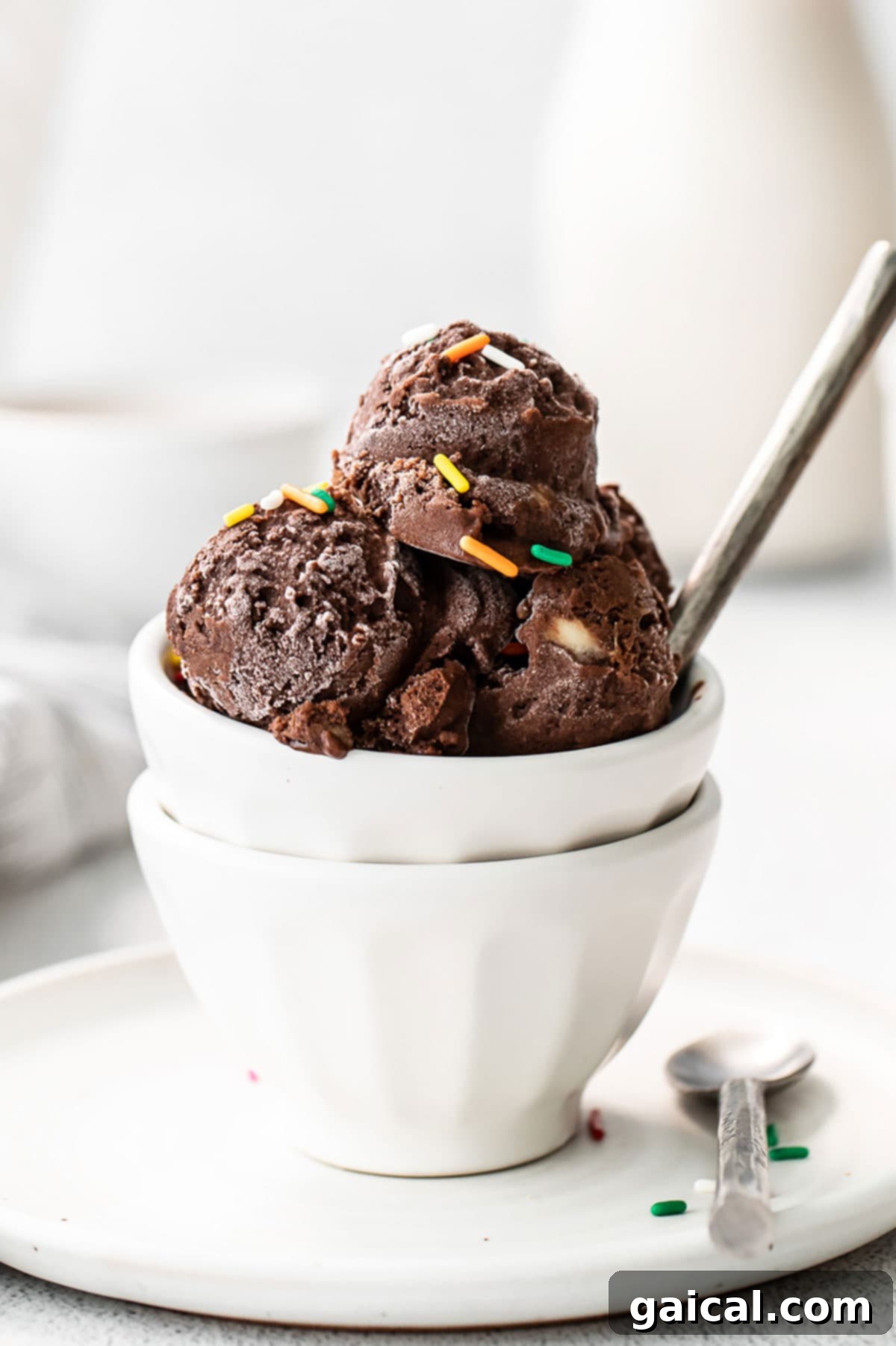 Protein-Powered Chocolate Dream 2 A beautifully presented bowl of creamy chocolate protein ice cream, generously topped with colorful rainbow sprinkles, ready to be enjoyed.