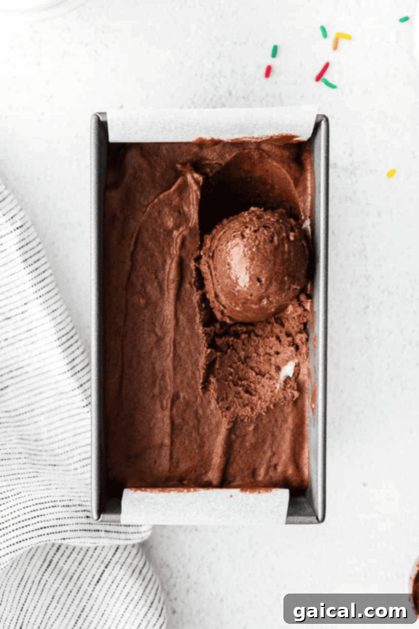 Protein-Powered Chocolate Dream 5 A neatly packed, rectangular container of chocolate protein ice cream, adorned with a vibrant layer of rainbow sprinkles and a spoon, ready for serving.