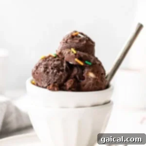 A scoop of rich chocolate protein ice cream presented in a small cup, garnished with colourful sprinkles, ready for enjoyment.