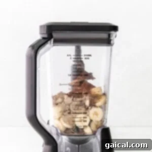 A blender filled with a combination of frozen bananas, cocoa powder, protein powder, and almond milk, ready to be blended into chocolate protein ice cream.