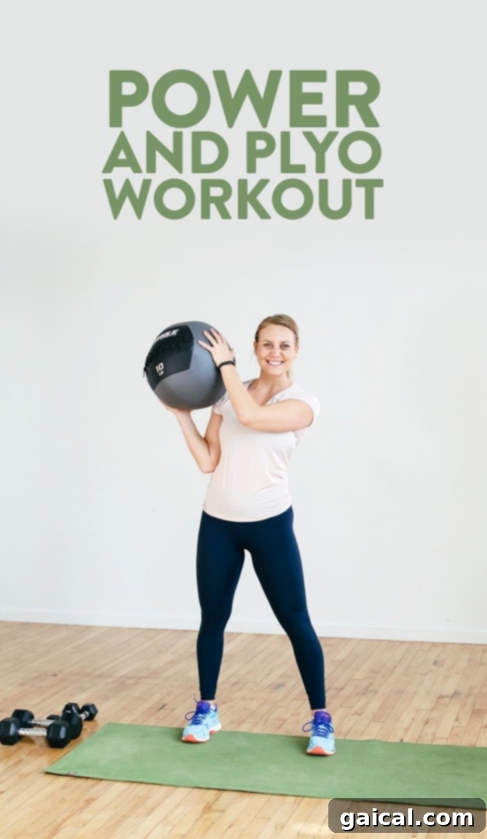 Plyometric Power Surge 2 Woman performing a plyometric exercise in a gym setting, demonstrating the power and plyo workout.