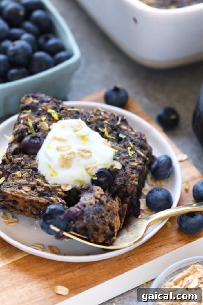 This delicious lemon blueberry baked oatmeal recipe screams spring with the combination of fresh blueberries and lemon zest. This delicious vegan oatmeal bake is made in under an hour and has 100% whole grains and no r Individual serving of Lemon Blueberry Baked Oatmeal on a plate