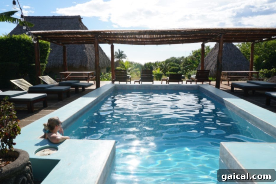 Coco Loco Eco-Resort has a beautiful pool and patio! The stunning pool area at Coco Loco Eco-Resort in Nicaragua, inviting relaxation after yoga sessions.