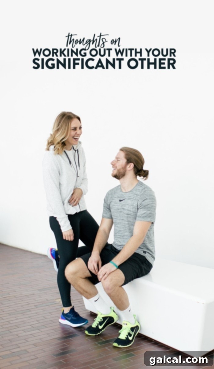 A woman in activewear, smiling and stretching, embodying an active lifestyle. The text overlay suggests thoughts on working out with a significant other.