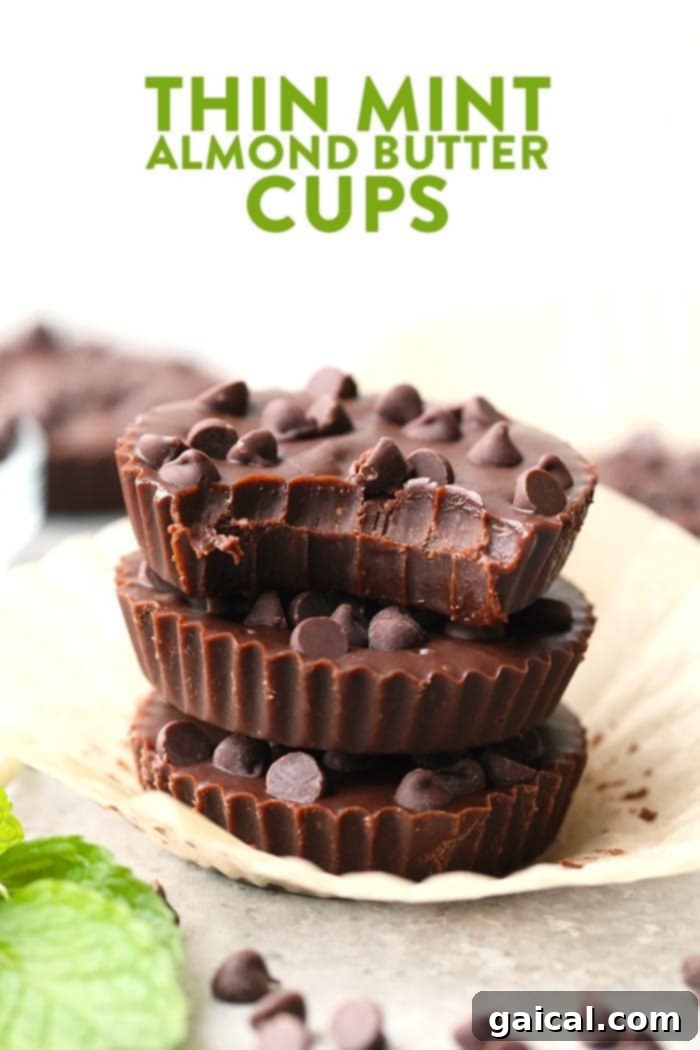 Indulge in these refreshing and delicious Thin Mint Almond Butter Cups, a healthy treat resembling your favorite Thin Mint Girl Scout Cookie. Perfect for freezer storage! Healthy Thin Mint Almond Butter Cups – a refreshing and delicious treat that tastes like a Thin Mint Girl Scout Cookie.