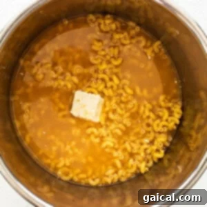Noodles, butter, and broth in Instant Pot, ready for cooking.