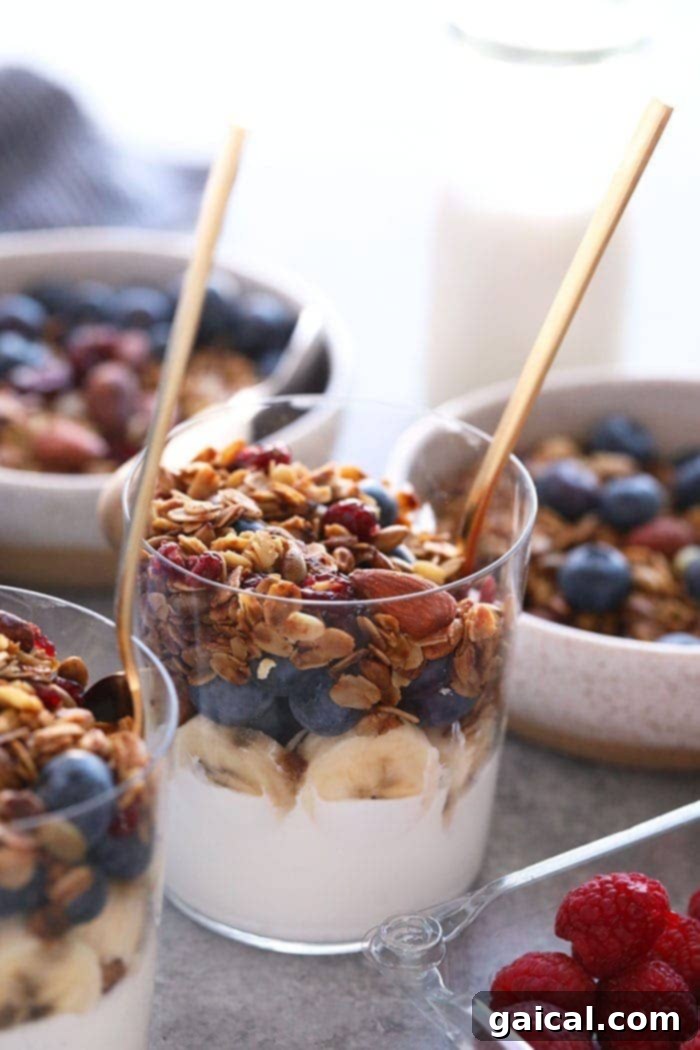 Healthy Homemade Granola with Yogurt and Fruit A close-up of crunchy homemade granola served in a cup, generously topped over creamy plant-based yogurt, garnished with fresh fruit.