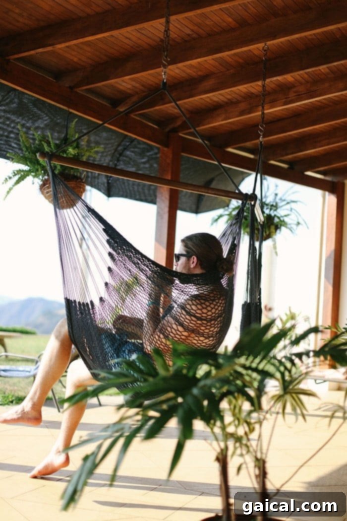 Unwinding in a hammock amidst nature's beauty Cozy hammock overlooking lush green scenery on the coffee farm
