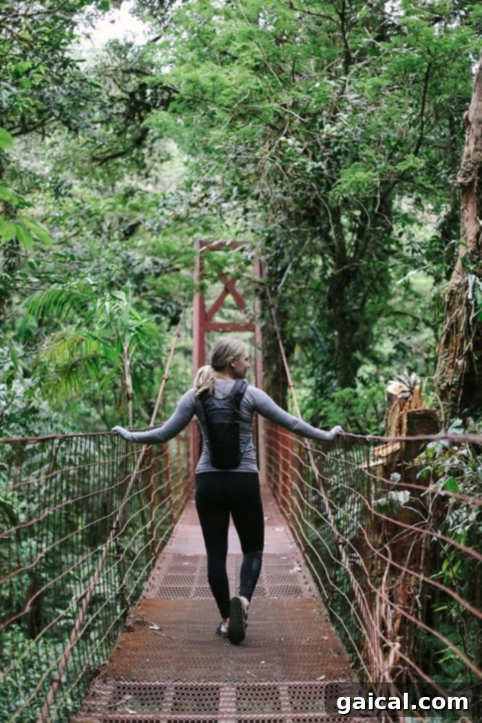 Exploring the canopy walks of Monteverde Woman walking across a suspension bridge in the Cloud Forest canopy