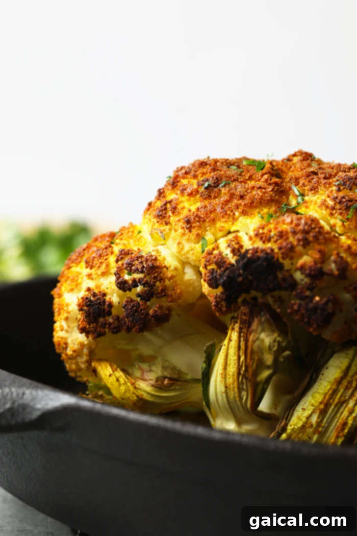 Freshly finished golden roasted cauliflower florets in a cast iron pan, ready to be added to the quinoa salad.