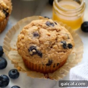 A close-up of a perfectly baked healthy blueberry muffin on a white plate, ready to be enjoyed.