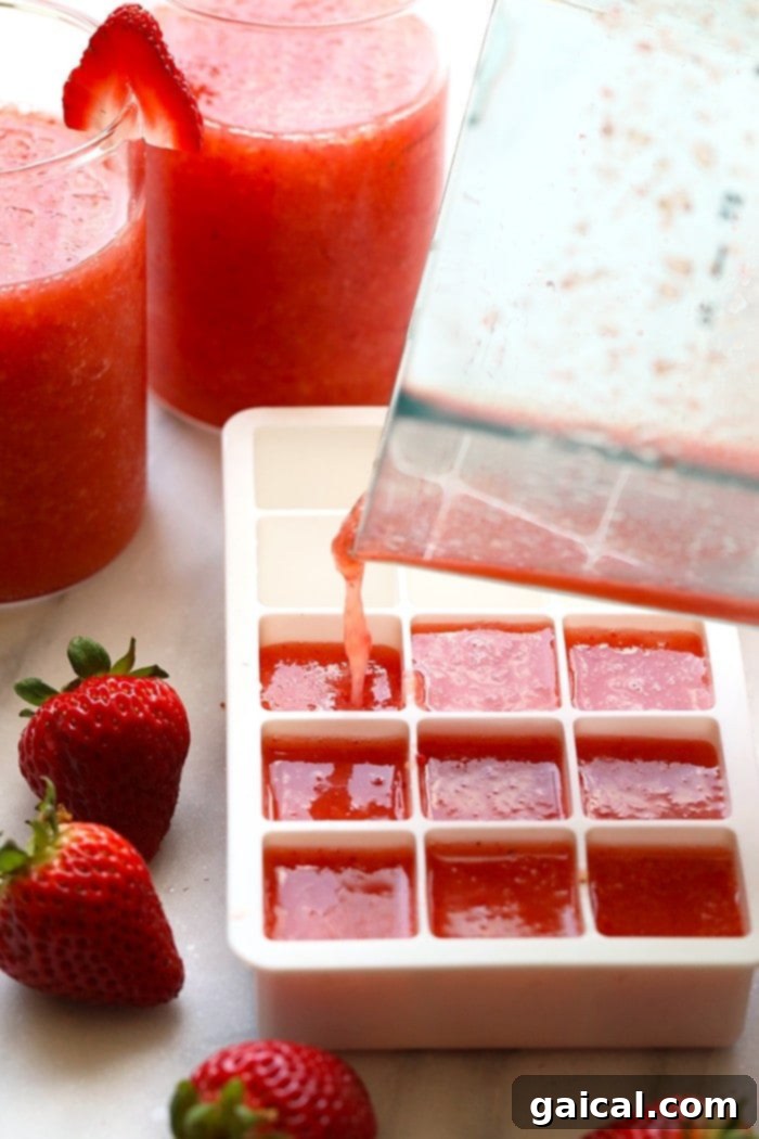 Storing Frosé: Transforming Leftovers into Ice Cubes A hand pouring leftover frosé into an ice cube tray, illustrating a clever tip for storing and re-enjoying the frozen cocktail later.