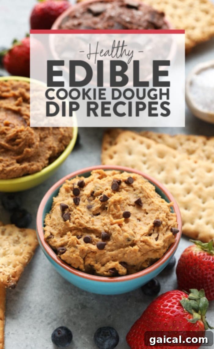 Irresistible Edible Cookie Dough Dips: 3 Delicious Varieties 2 Delicious and healthy edible cookie dough dip made with garbanzo beans, served in a bowl with dippers.