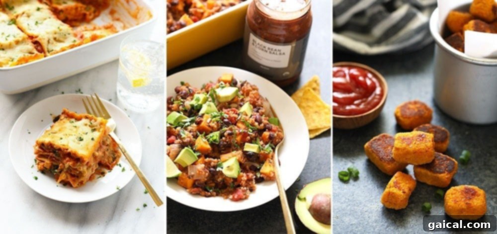 A collage of various sweet potato meals, showcasing dishes for breakfast, lunch, dinner, snacks, and dessert.